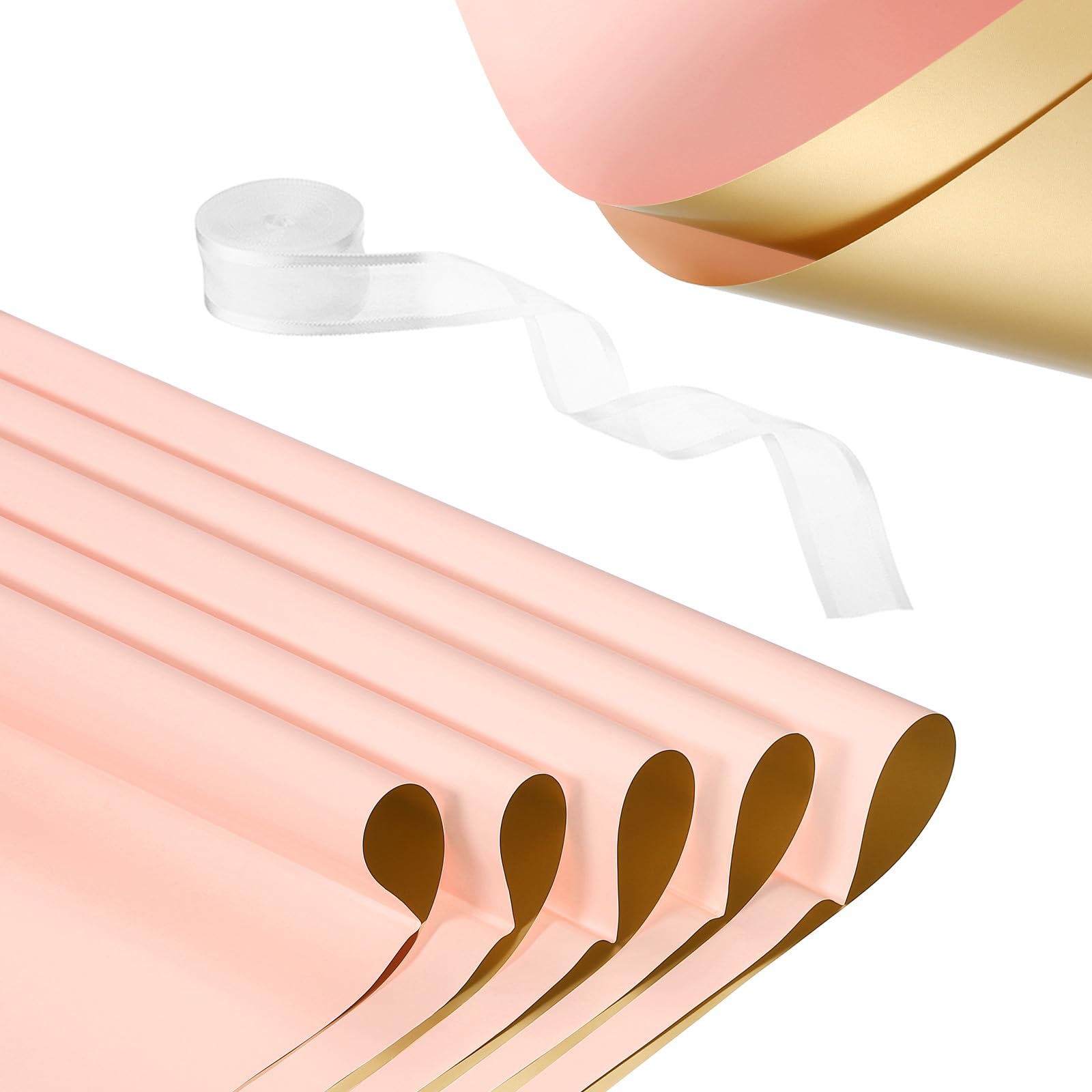 PATIKIL 20 Sheets Flower Wrapping Paper, Waterproof Flower Paper Wraps with Ribbon Floral Bouquet Supplies for DIY Crafts Packaging Bouquet, 22.8x22.8 Inch, Pale Pink/Gold Tone