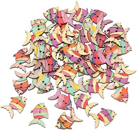 50Pcs Cute Colorful Painting Fish Pattern Buttons 2 Holes Wood Knopf Cartoon Decorative Buttons for Sewing, Arts Crafts Projects, Scrapbooking, DIY Decoration