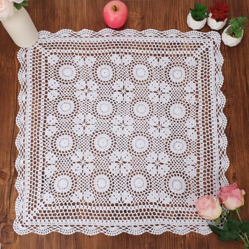 kilofly Handmade Crochet Cotton Lace Table Placemats Sofa Doilies, Square, White, 27 inch