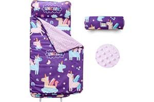 JUNCAI Toddler Nap Mat with Removable Pillow and Plush Blanket, Roll Up Napping Mats for Kids Ages 3-6 Years, Kid Sleeping Bag for Preschool Daycare Travel Camping, 53" x 23"