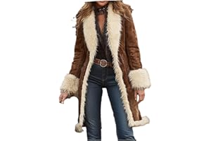 Faux Suede Jacket Women 70s Vintage Western Trench Coat with Long Fuzzy Sherpa Fleece Lining, Warm Winter Outwear Overcoat