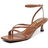 Athlefit Women's Strappy Kitten Heels Square Toe Flip Flops Low Heels Ankle Strap Party Dress Thong Heeled Sandals