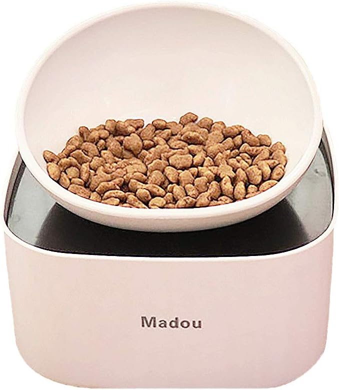 French Bulldog Food Bowl with Storage, Raised Non-Slip Slanted Dog&Cat Bowl, White