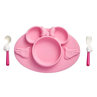 The First Years Disney Minnie Mouse Silicone Placemat with Stainless Steel Fork &amp; Spoon 3 Piece Set, Pink