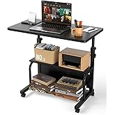 QZMDSM Portable Rolling Desk on Wheels | Adjustable Height Desks for Small Spaces, 32" Computer Desk with Storage Shelves for Home Office Black