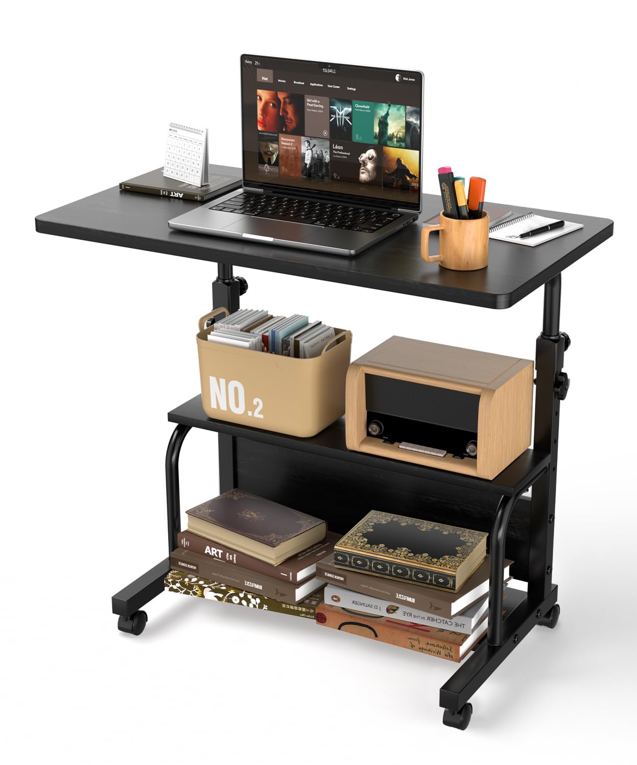 Photo 1 of **MISSING PIECES UNKNOWN**QZMDSM Portable Rolling Desk on Wheels Adjustable Height Desks for Small Spaces, 32" Computer Desk with Storage Shelves for Home Office Black