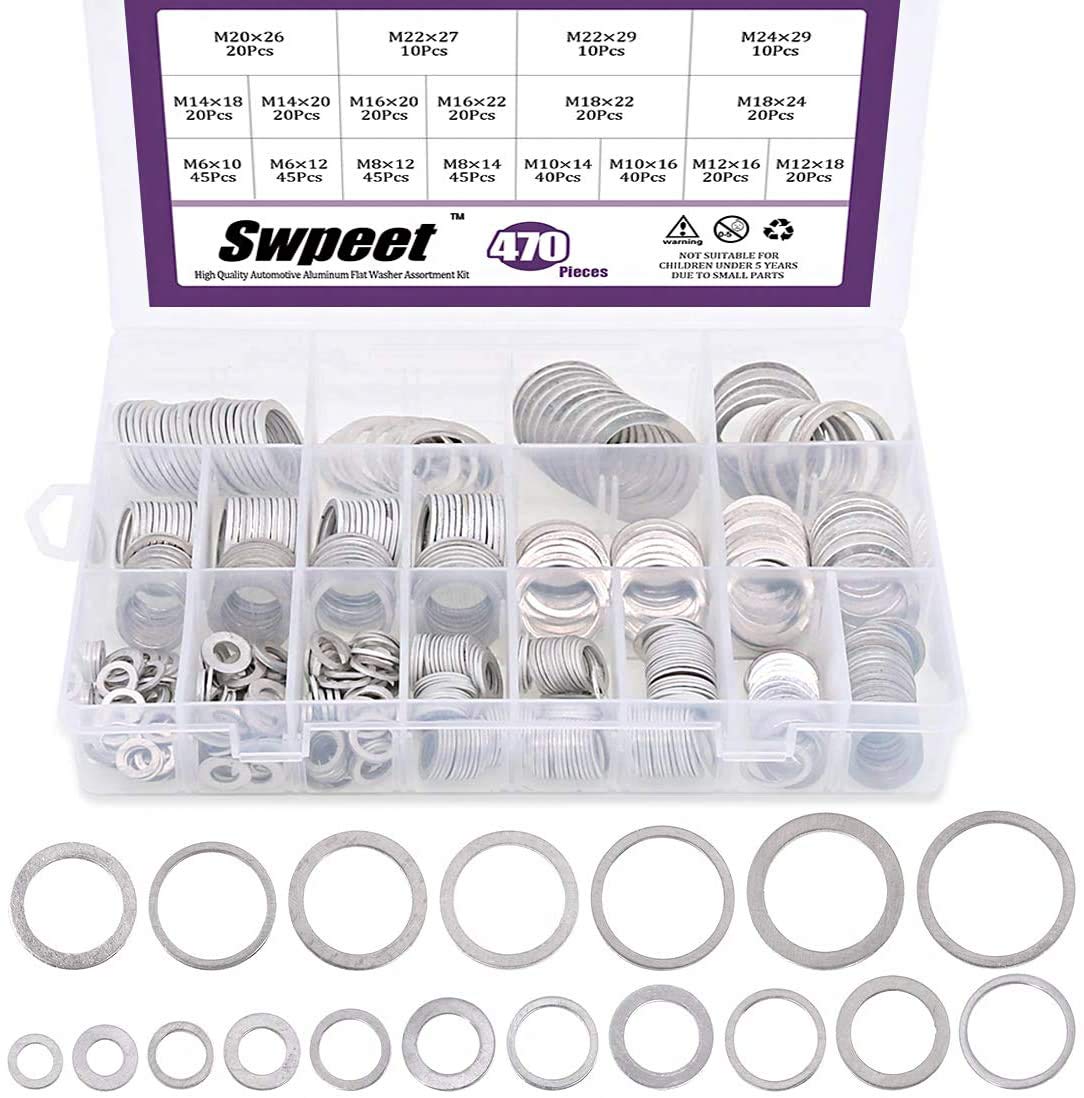 Swpeet 470Pcs Automotive Metric Oil Drain Plug Gasket Aluminum Flat Washer Assortment Kit, Including 18 Different Sizes - M6 M8 M10 M12 M14 M16 M18 M22 M24