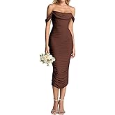 KUTUMAI Off Shoulder Corset Formal Wedding Guest Dresses for Women Elegant Bodycon Ruched Cocktail Party Midi Dress