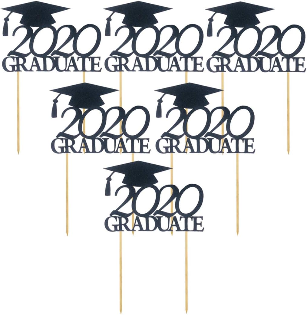 JANOU 12pcs 2020 Graduate Black Glitter Cake Toppers Grad Cap DIY Toothpick Dessert Cake Decoration for Graduation Party Favors