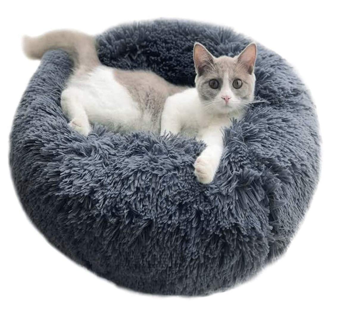 Calming Fluffy Plush Cat & Dog Donut Bed - Round Marshmallow Pet Nest Sofa Bed - Washable Cushion Mat for Small, Medium Dogs & Puppies