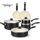 Amazon Basics 11-Piece Ceramic Non-Stick Pots and Pans Set, Dishwasher &amp; Oven Safe, Easy Clean, Glass Lids, Black/Cream
