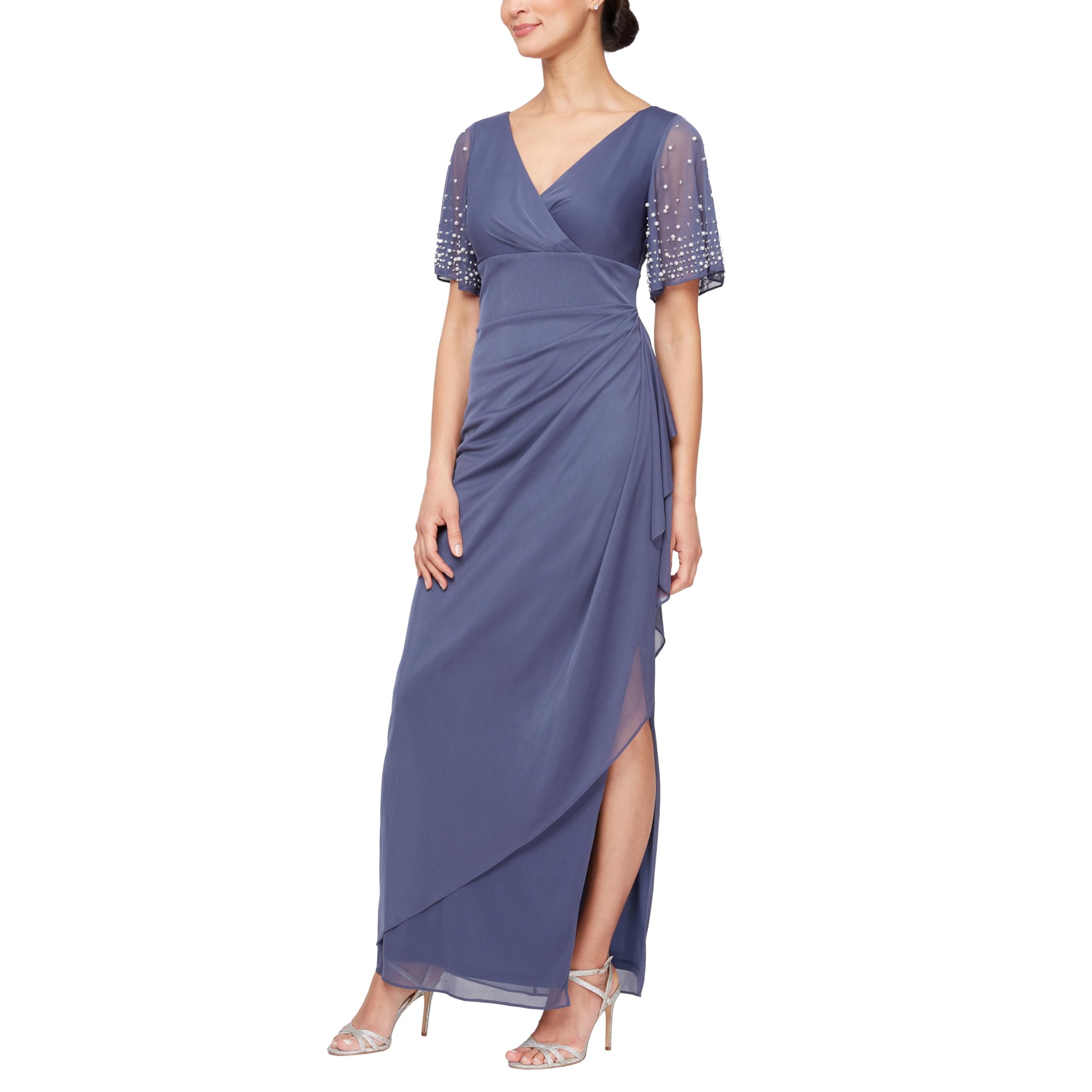 Photo 1 of Alex Evenings Women's Flutter Sleeve Long Mother of The Bride Dress with Ruched Empire Waist (Petite and Regular Sizes), Violet Flutter, 16