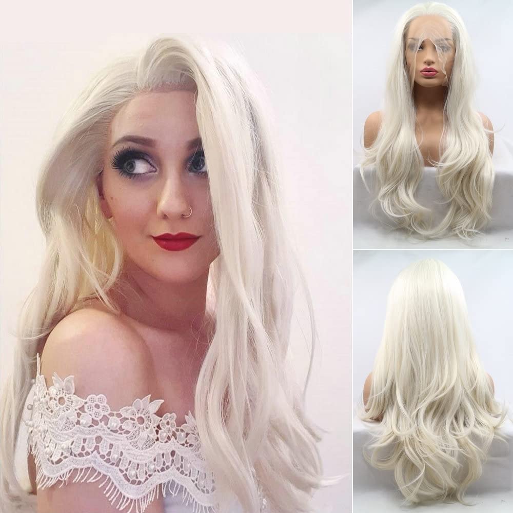 Pre Plucked Hairline Long Wig Body Wave Heat Resistant Fiber Natural Colors Synthetic Lace Front Wigs for Women Natural Looking Replacement Wig Daily Cosplay Party Drag Queen 24" (White Blonde)