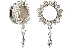 KUBOOZ Gemmed Flower Drop Eyelets Gold Plated Stainless Steel Flare Screw Back Ear Tunnels Plugs Gauges