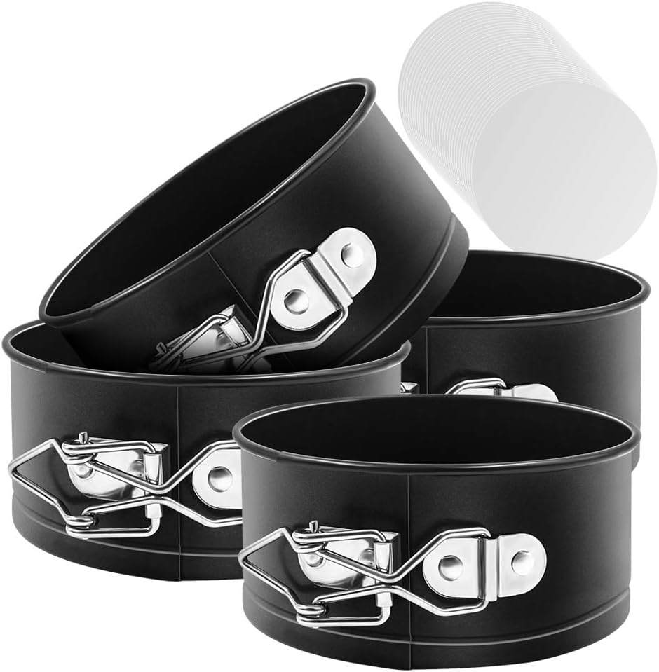 Springform Pan Set, MASSUGAR 4-Inch Mini Cake Pan 4 Pack Cheesecake Pan with 50 Pcs Parchment Paper Liners, Nonstick Leakproof Springform Pan for Mini Cheesecakes Pizzas and Quiches