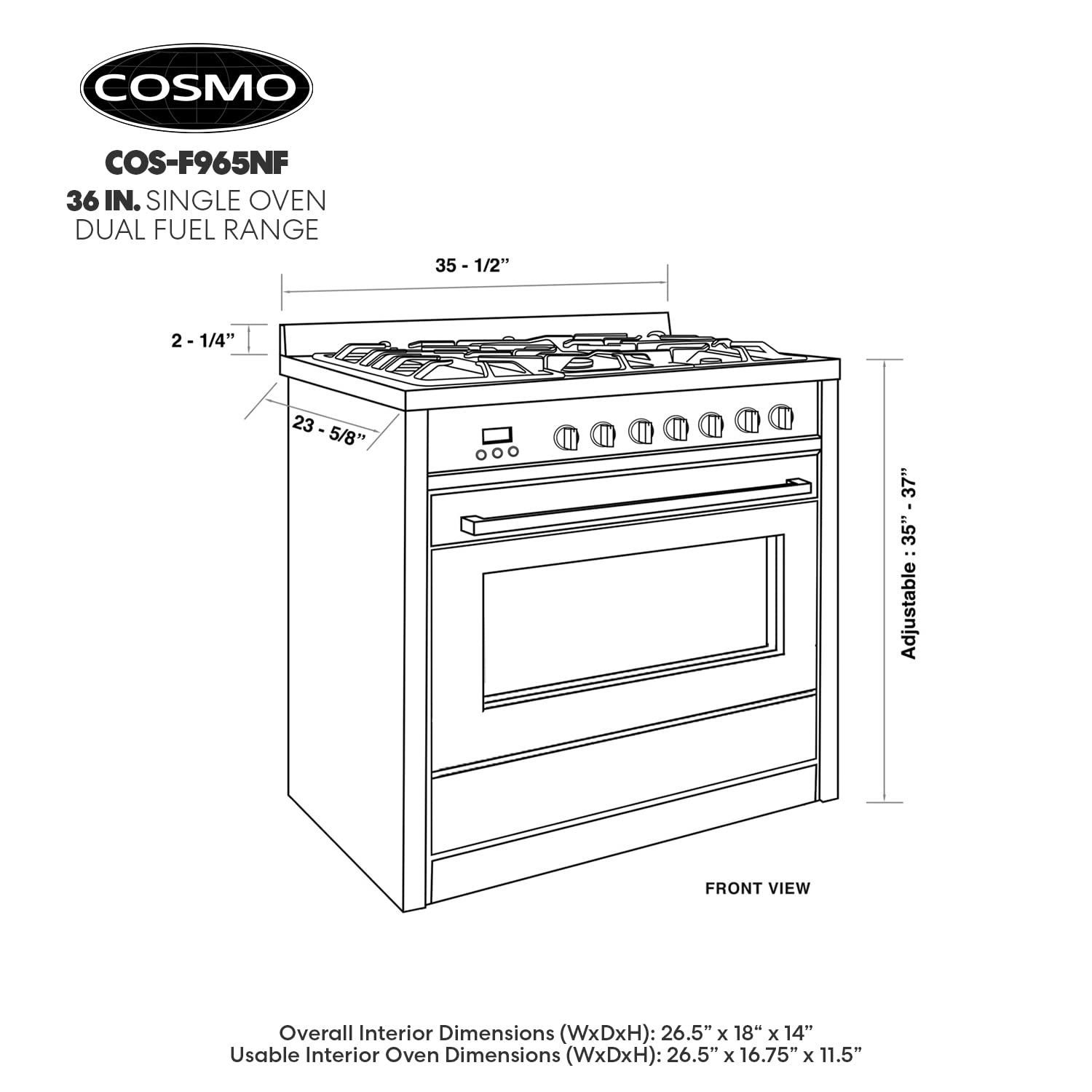 COSMO F965NF 36 in. Stellar Collection 3.8 cu. ft. Dual Fuel Range, 5 Sealed Burners, 8 Function Convection Oven in Stainless Steel