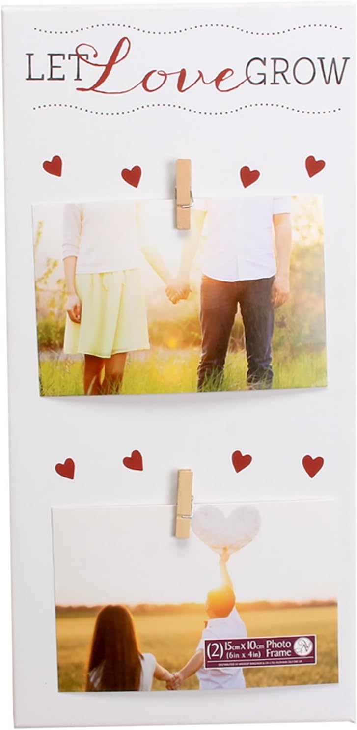 White Peg-on Double Photo Frame with red hearts - Let love Grow - wedding, anniversary, valentines