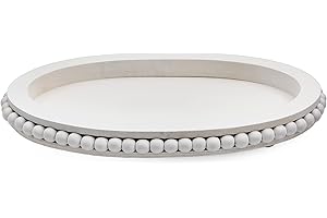 AULDHOME DESIGN AuldHome Wood Beaded Tray (White), Decorative Farmhouse Style Oval Wooden Tray