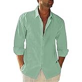 JEKAOYI Button Down Linen Shirts for Men Casual Long Sleeve Regular Fit Cotton Beach Shirts with Pocket