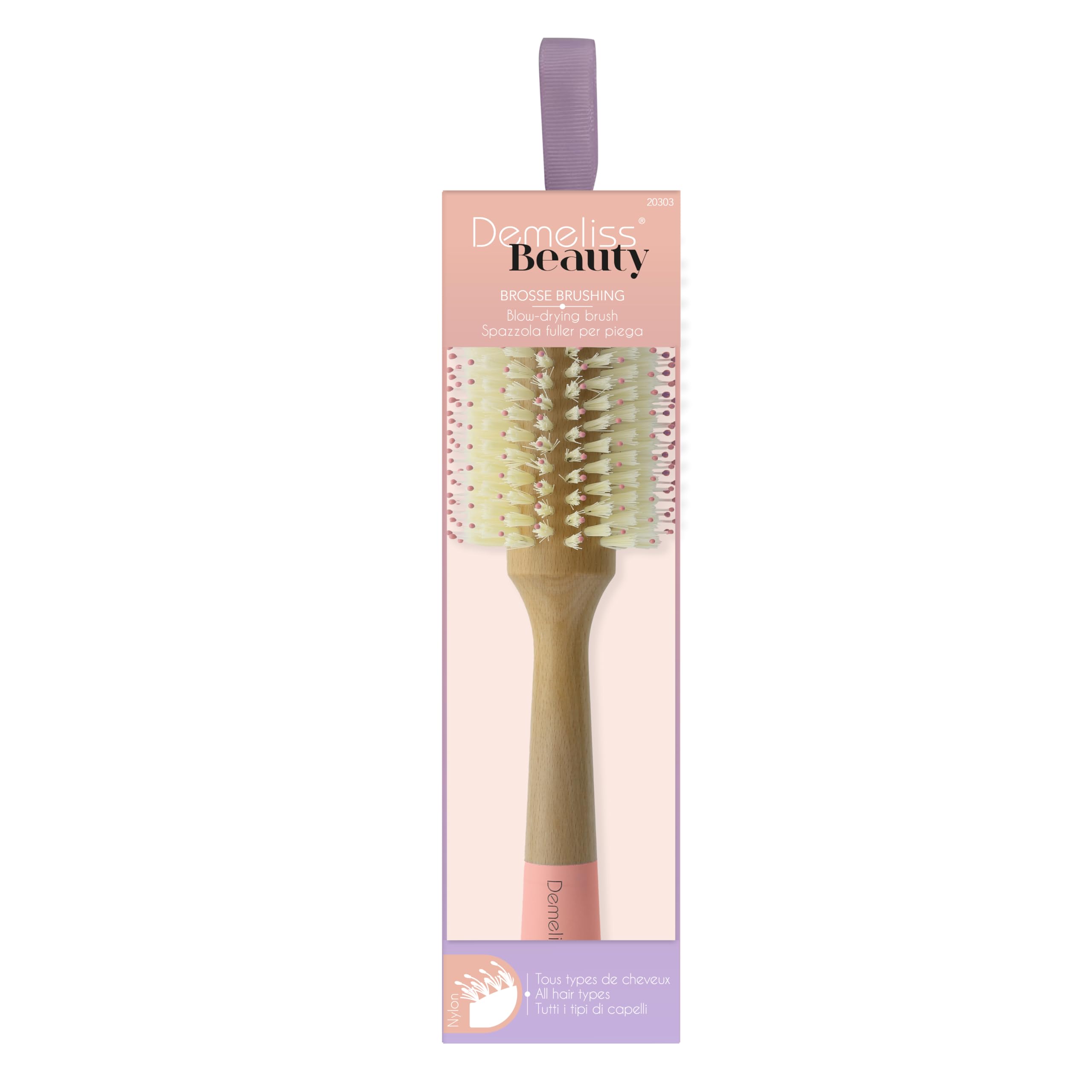 Demeliss Beauty - Hair Brush - Brushing - Wooden Brush - Diameter 32 mm - All Hair Types - Double Height Nylon Bristles