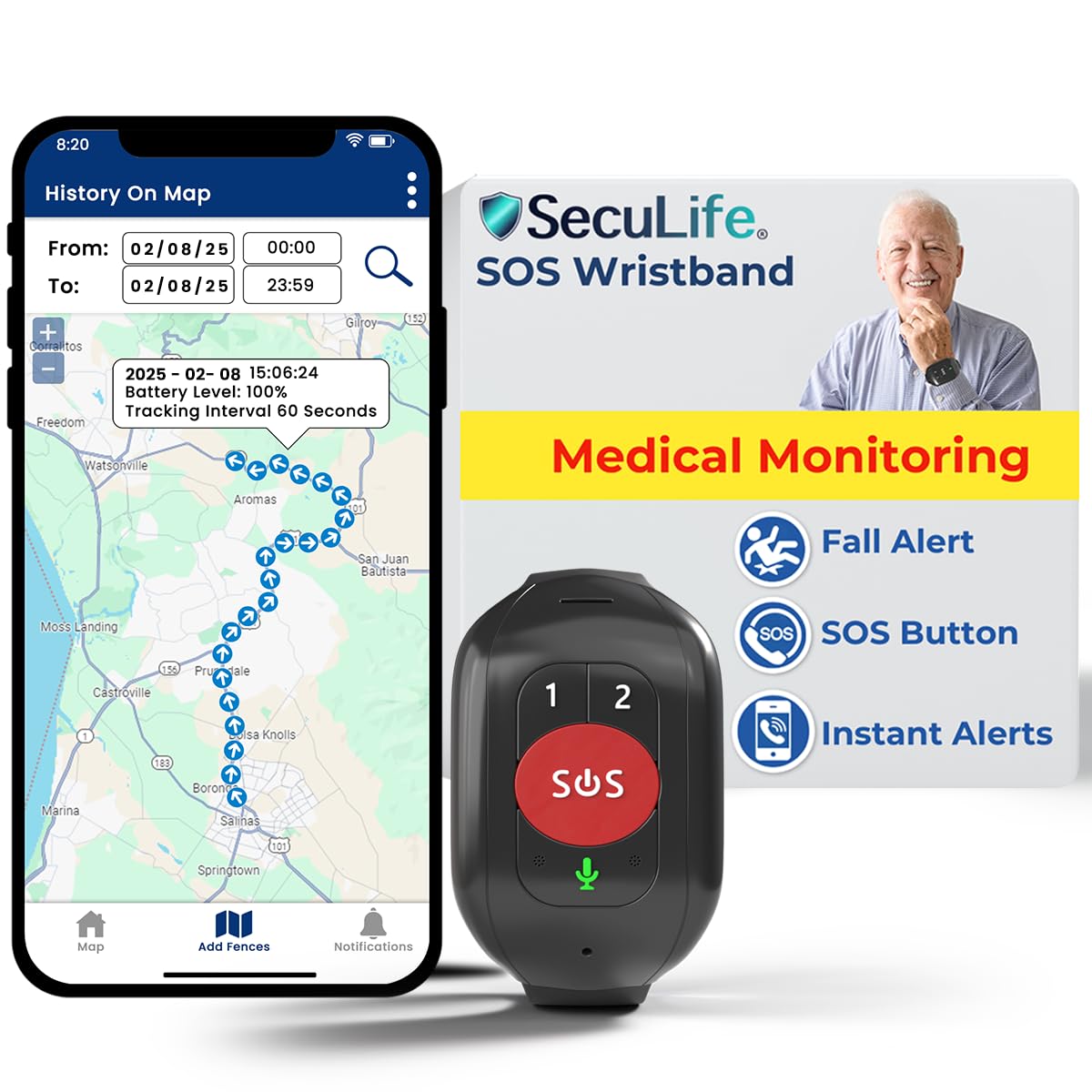 SecuLife SOS Wristband Medical Alert Bracelet – Fall Alert Device for Elderly with Real-Time GPS, SOS Button & Assistive Speakerphone – Medical Alert System for Seniors with Dementia & Alzheimer’s