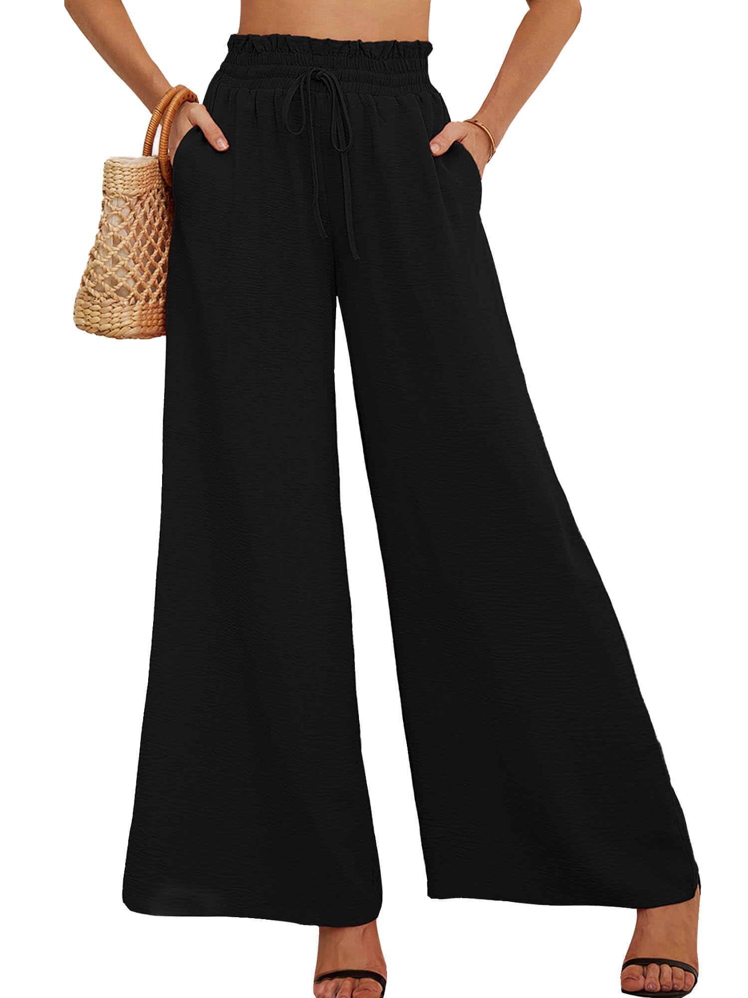 Photo 1 of AusLook Women's Wide Leg Dress Pants with Pockets Black Medium Lightweight Elastic High Waisted Adjustable Tie Knot Flowy Loose Slacks Lounge Casual Ladies Beach Pleated Trousers