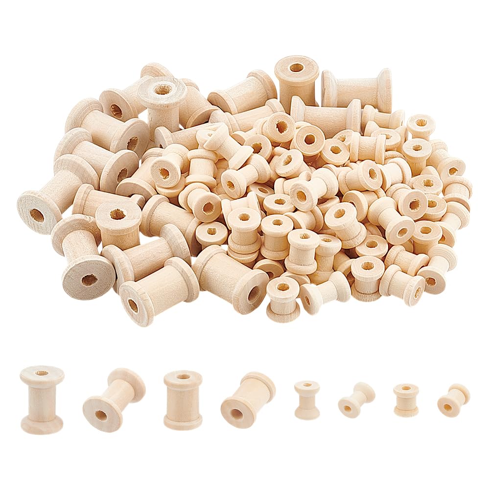 UNICRAFTALE About 100pcs 4 Sizes Wooden Empty Spools Mini Wire Weaving Bobbins 2 Colors Natural Wood Sewing Thread Spool for Embroidery Sewing Ribbon Winding Spool for Fishing Line DIY Crafts