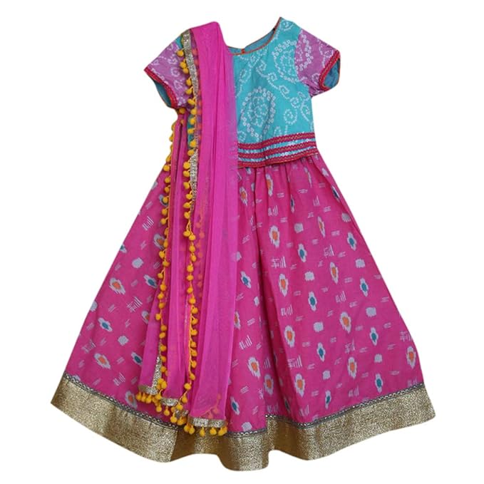Kids Chakra By Hopscotch Girls Cotton Gems Lehengas And Blouse Set In Pink Color