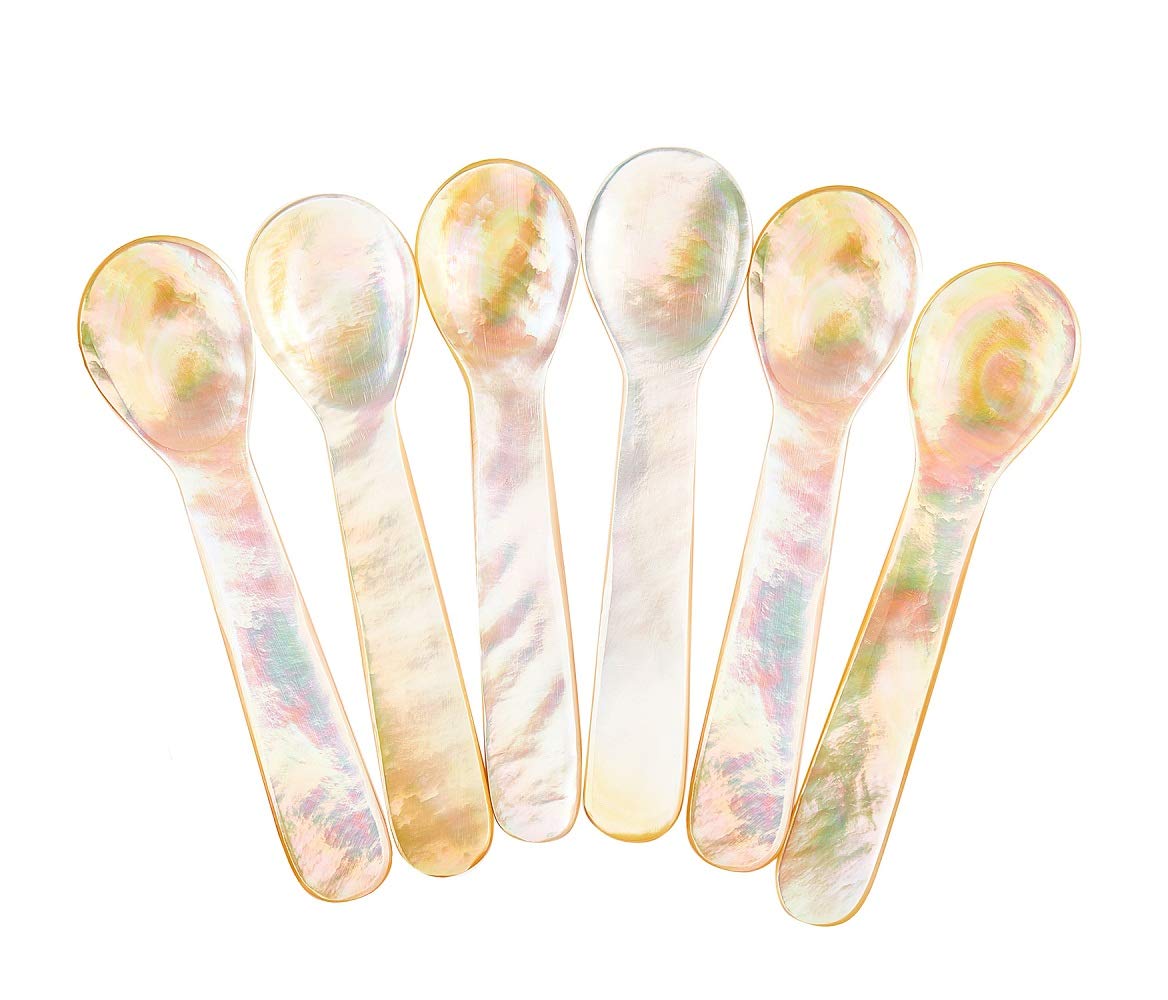 DUEBEL Set of 6 Mother of Pearl MOP 7x2cm Sea Shell Spoons for Caviar, Egg, Icecream, Coffee Serving (Shining Sea Pearl Shell Spoon)