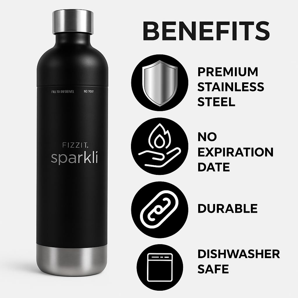 Fizzit Spärklï Carbonated Water Soda Maker with Stainless Steel Bottle Included,Dishwasher Safe (Sparkli-Black)