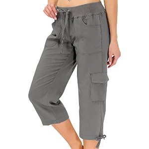 Women's Outdoor Quick Dry Cargo Capri Pants Summer Elastic High Waist Drawstring Cropped Jogger Capris Pockets