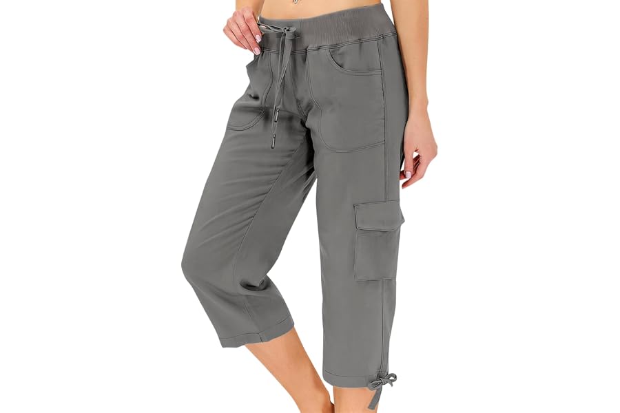 Women's Outdoor Quick Dry Cargo Capri Pants Summer Elastic High Waist Drawstring Cropped Jogger Capris Pockets