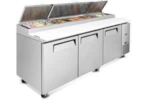 DEEPTIDE 93"W Commerical Pizza-Sandwich Prep Table Refrigerator - Stainless Steel 3-Door with 12 Pans, 31 Cu.Ft Capacity, Auto Defrost, Digital Temperature Control for Restaurants, Convenience Stores, etc