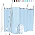 STRATA CUPS Periwinkle Skinny Tumbler with Lid and Straw (4 Pack) - 20 Oz Double Wall Insulated Stainless Steel Slim Tumbler with Straw Cleaner, Reusable Metal Tumbler for Hot and Cold Drinks