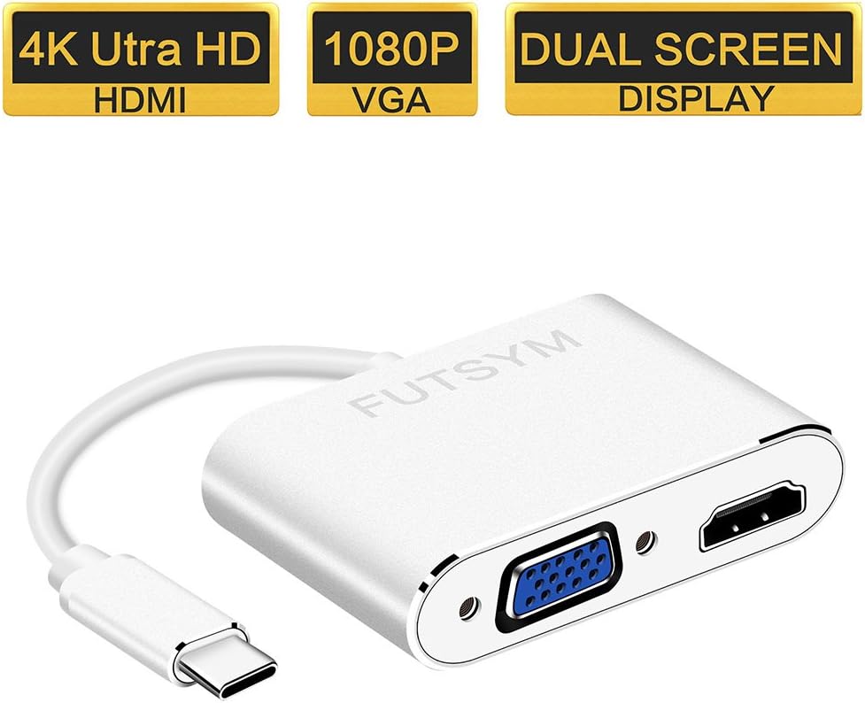 USB C to HDMI VGA Adapter Dual Screen Display, Thunderbolt 3 USB 3.1 Type-C to VGA HDMI 4K Video Converter Projector TV for Samsung Galaxy S8 Plus/Note 8/2017 MacBook Pro/Chromebook Pixel and More