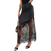 Unybwonn Women Lace Long Skirts Silky Satin High Elastic Waist A-Line Patchwork Boho Maxi Skirt Going Out Party Skirt
