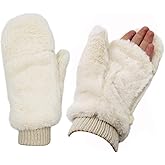 JUMISEE Women Winter Faux Fur Flip Cover Mittens Warm Soft Half Finger Fingerless Gloves