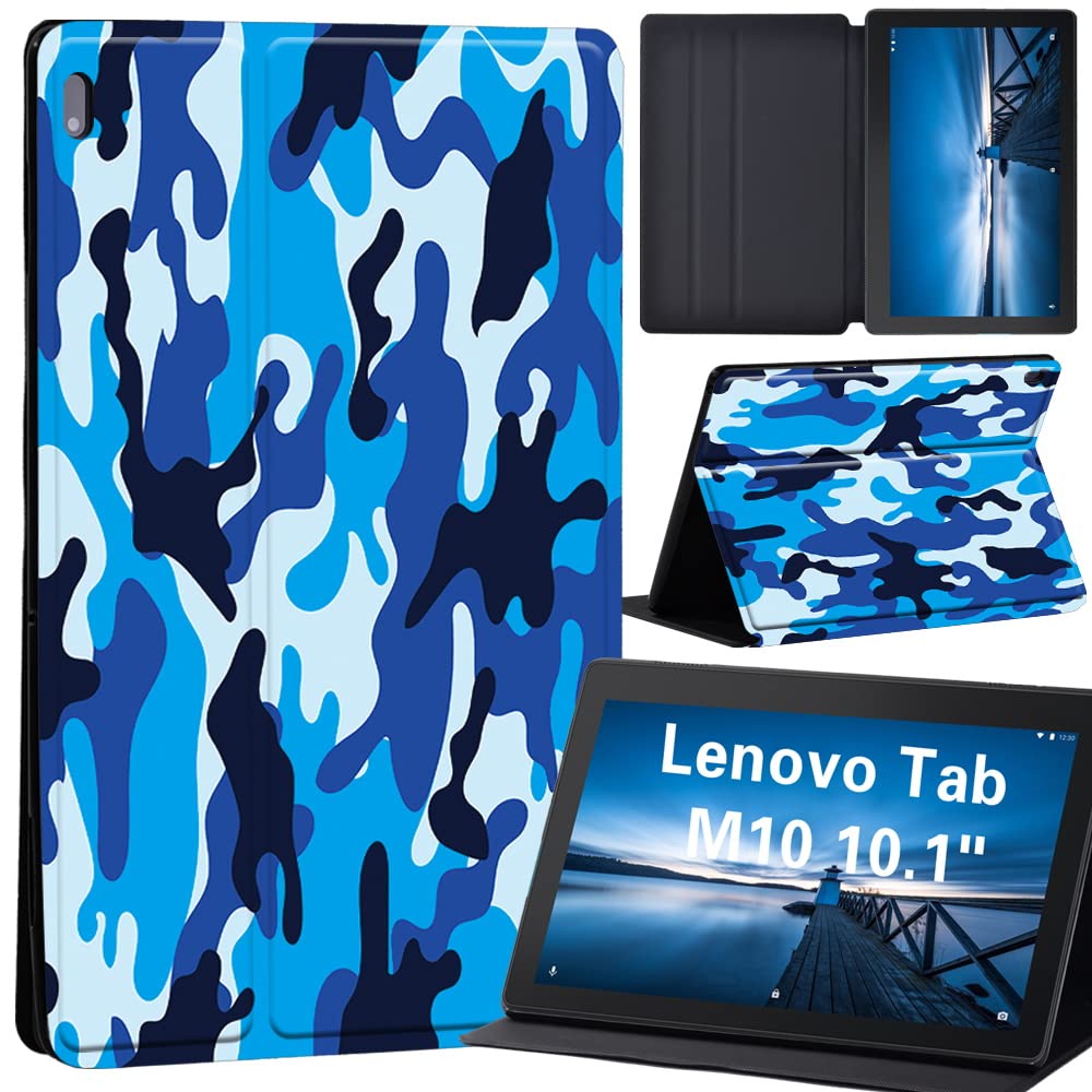 Design Case for Lenovo Tab M10 TB-X605F/ TB-X605L/ TB-X505F/ TB-X505L - Leather Tri-Fold Stand Cover Case for Lenovo Tab M10 10.1-Inch Tablet, (blue camouflage)
