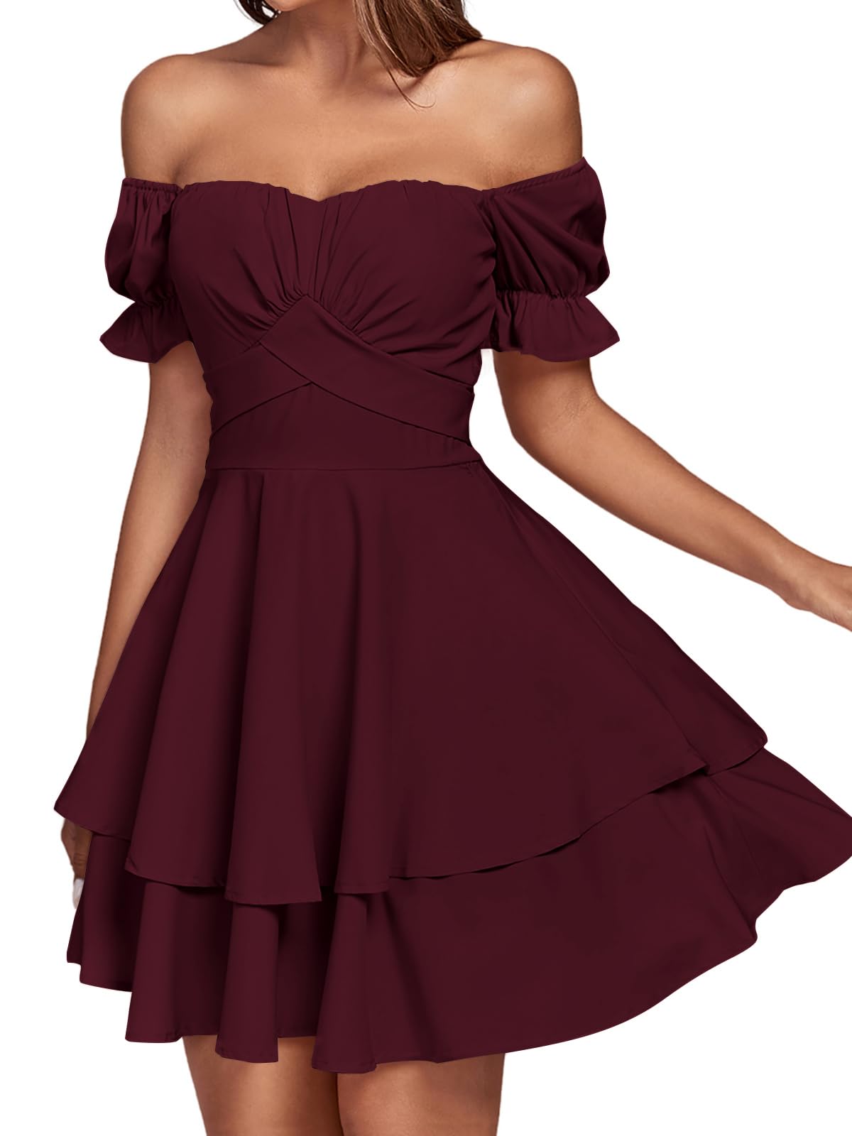 LYANER Women's Tie Back Off Shoulder Wrap Layer Ruffle Short Sleeve Mini Dress Wine Red Large - Image 3