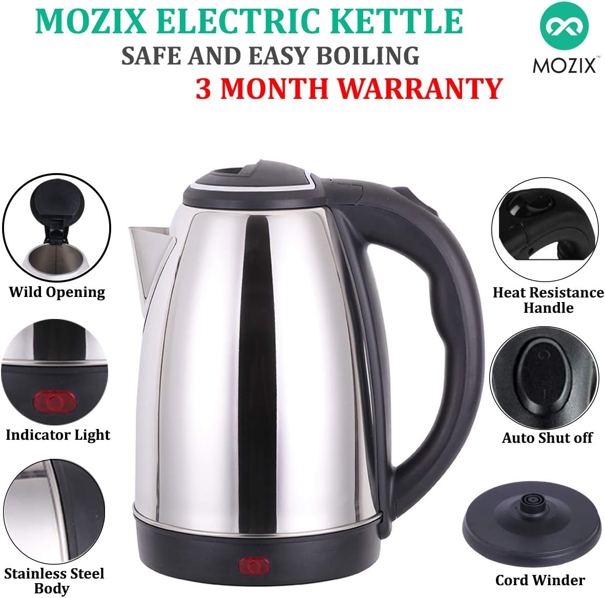 MOZIX Stainless Steel Multipurpose Cordless Electric Kettle Cum Water Boiler - 1.8 to 2 Litre (Silver)