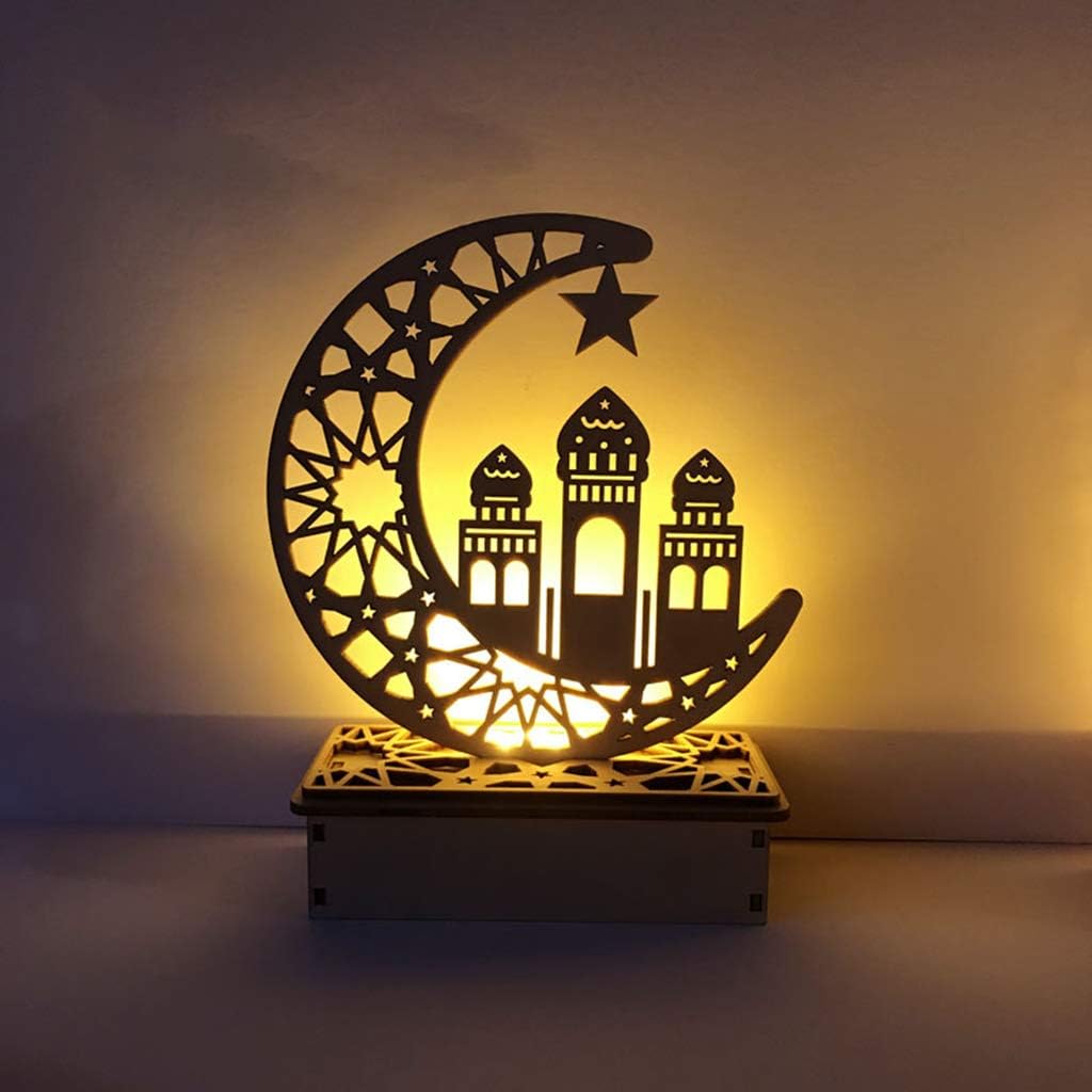 Wooden Ramadan Eid Mubarak, Moon Star Islam Hanging Pendant Plate with LED String Lights, Ornament for Home Party