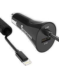 iPhone USB Car Charger Syncwire - 4.8A/24W Car Charger Adapter with Coiled Lightning Cable [Apple MFi Certified] for iPhone X, 8, 8 Plus, 7, 7 Plus, 6s, 6s Plus, Samsung S8+ S8 S7 & More - Black