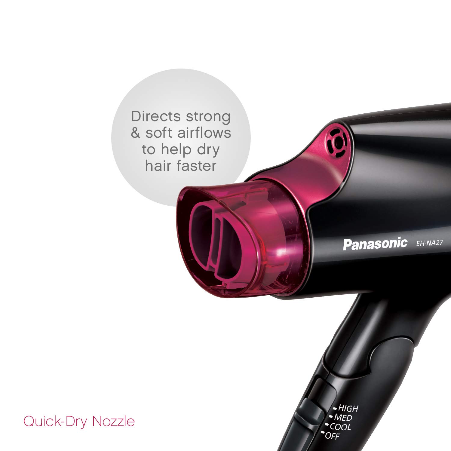 Panasonic Compact Hair Dryer with Nanoe Technology for Smoother, Shinier Hair, Includes Quick-Dry Nozzle and Folding Handle for Travel, Black, Pink EH-NA27-K: Beauty