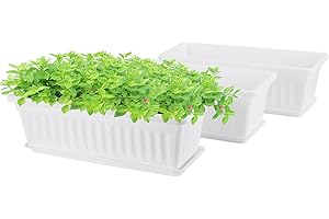 GREANER Rectangle Plastic Flower Boxes, 3 Pack Large Long Planter 16.9x7.48 Inch Morden Thicken Vegetable Plant Pot with Tray for Garden, Kitchen, Window, Office, Balcony, Outdoor Indoor Use - White