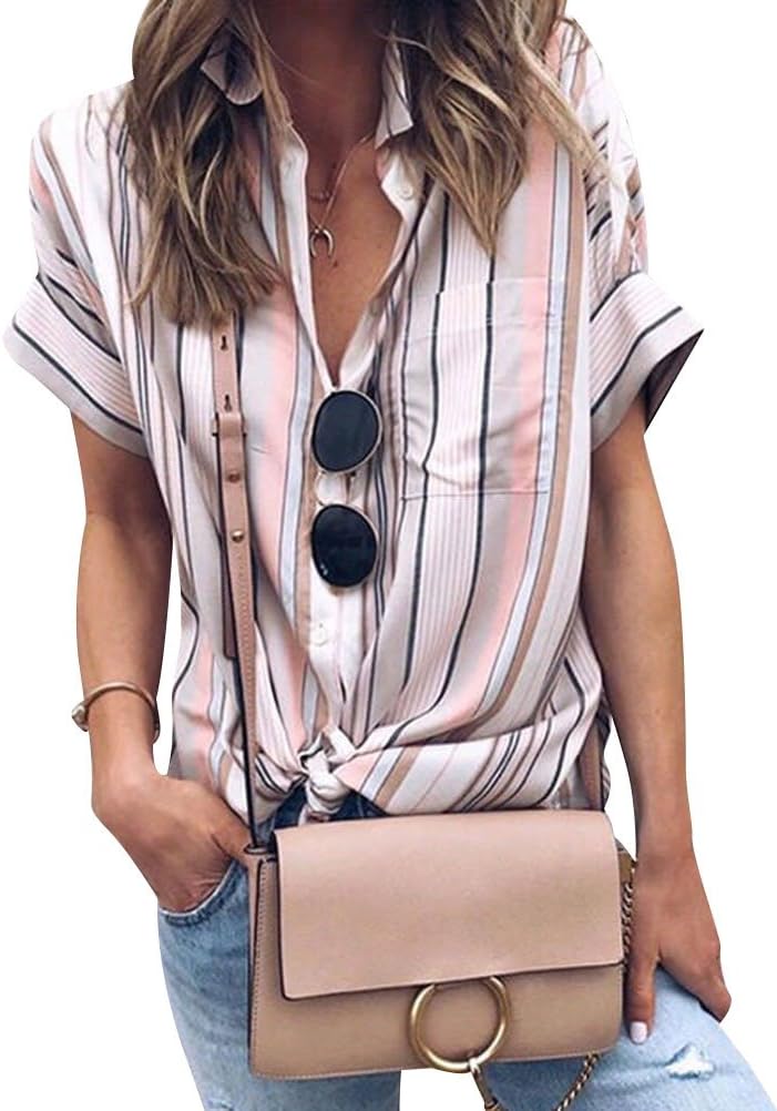 Women Colorblock Stripe Short Sleeve Button Down Tops Blouses Shirt