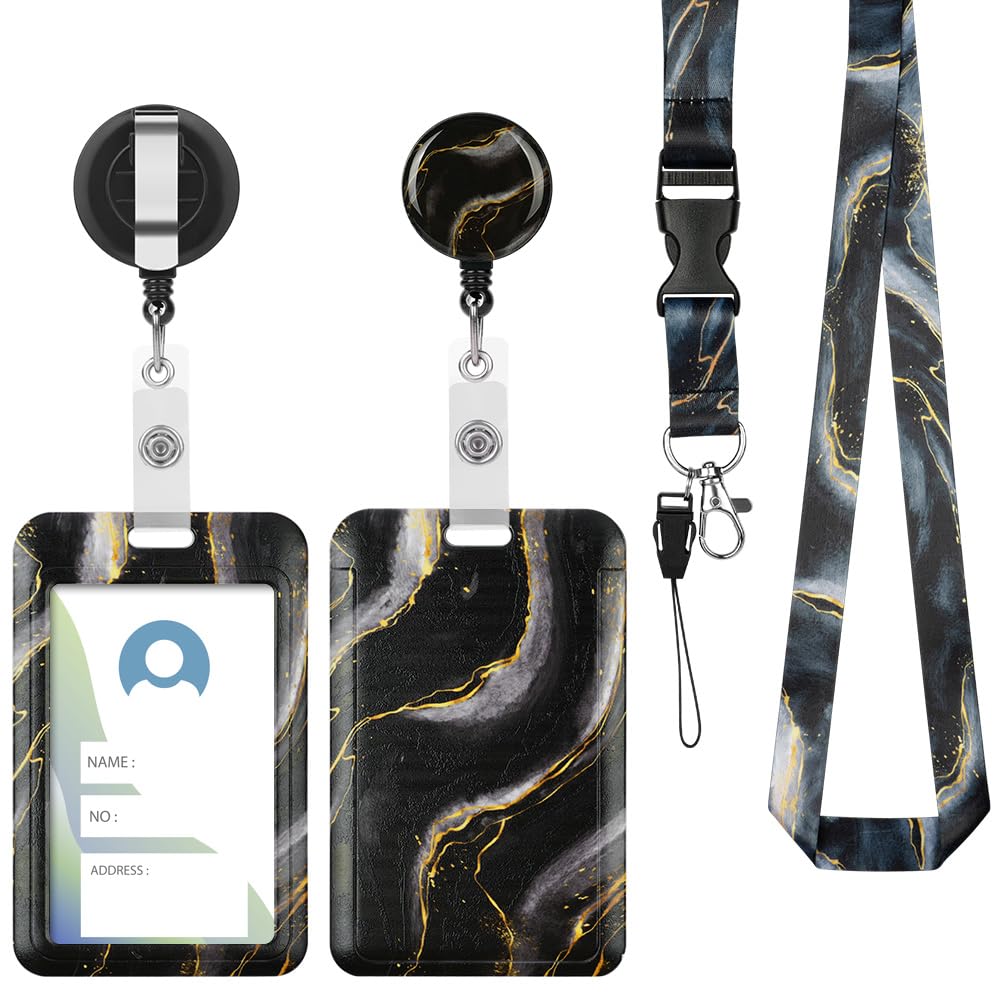 Vicloon 2Pcs ID Badge Holder with Retractable Reel and Detachable Lanyard Strap Hard Card Protector for Women Teacher Student (Black Marble) — image 1