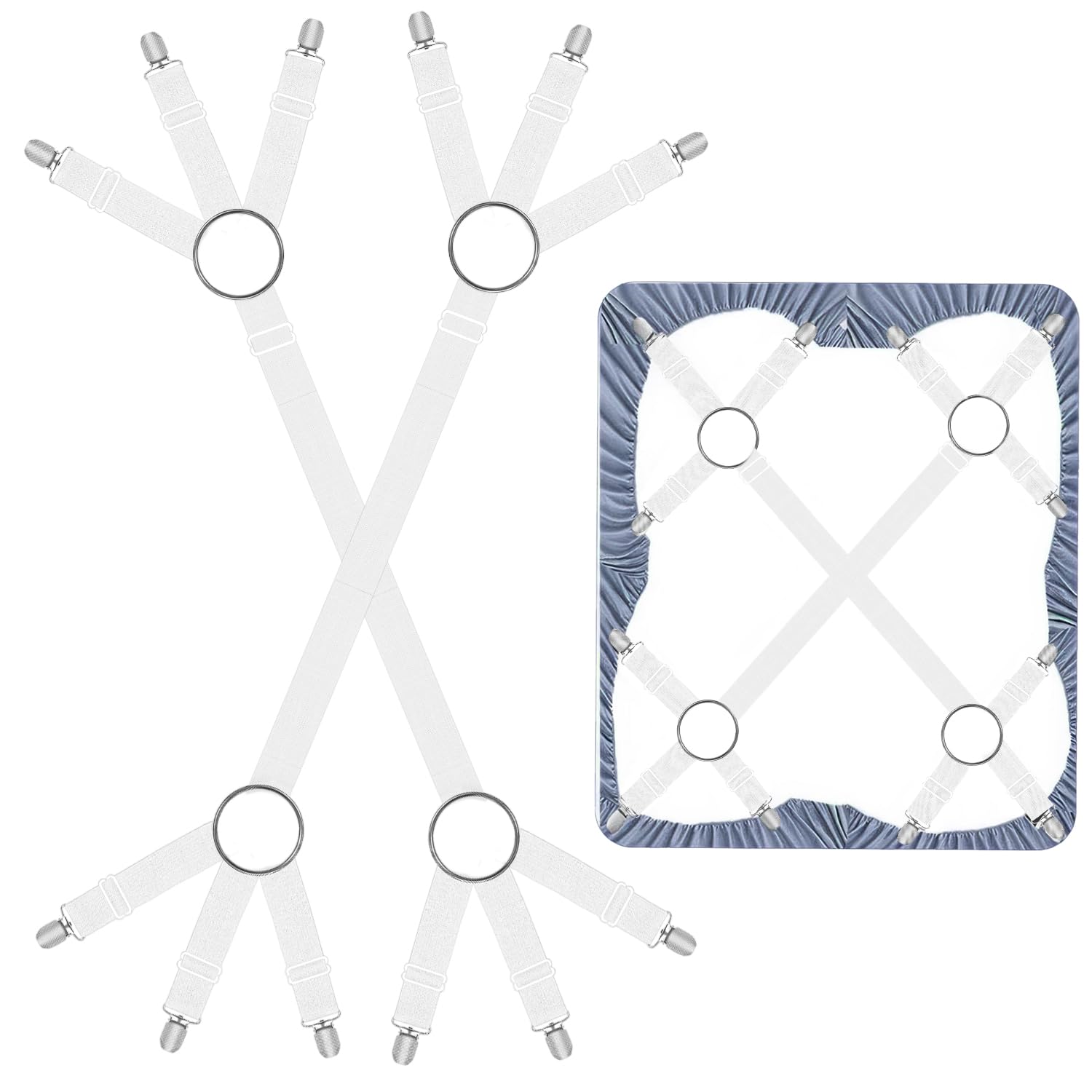 SUBTAVIK 2 Pcs Bed Sheet Clips, Adjustable Sheet Clips for Bedding Heavy Duty Fitted Sheet Clips Firm & Tight Bed Sheet Grippers Universal Fitted Sheet Straps Elastic Bedsheet Clip (White)