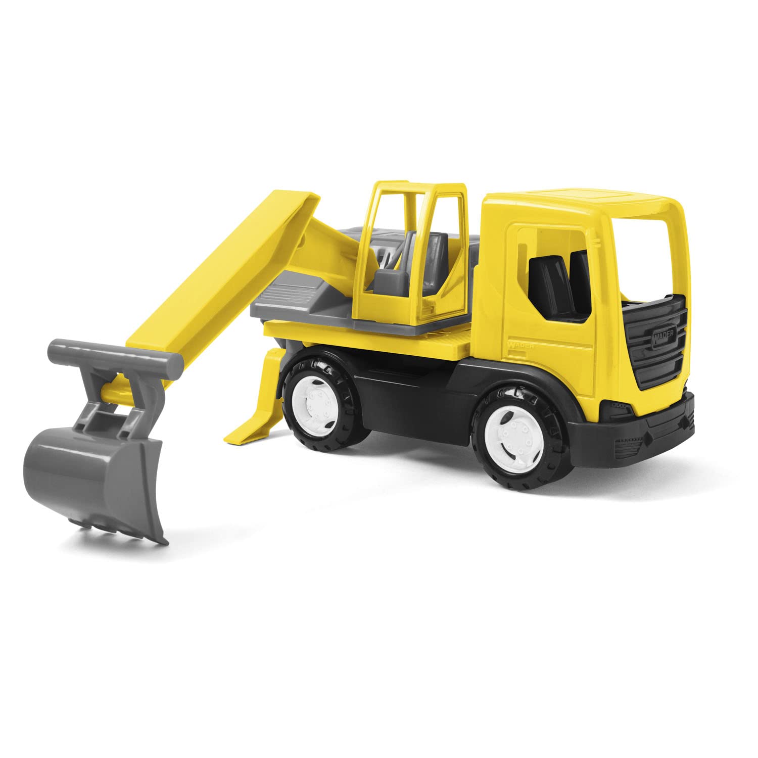 Wader 35366 Tech Truck with Excavator, Movable Shovel, Rotating Attachment and Sturdy Steel Axles, Approx. 31 x 14.5 x 19 cm, Yellow, from 12 Months, Ideal as a Gift for Creative Play