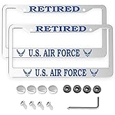 2 Pcs License Plate Frame for Retired U.S. Air Force Silver Aluminum USAF Car Plate Cover Holders with Screw Caps
