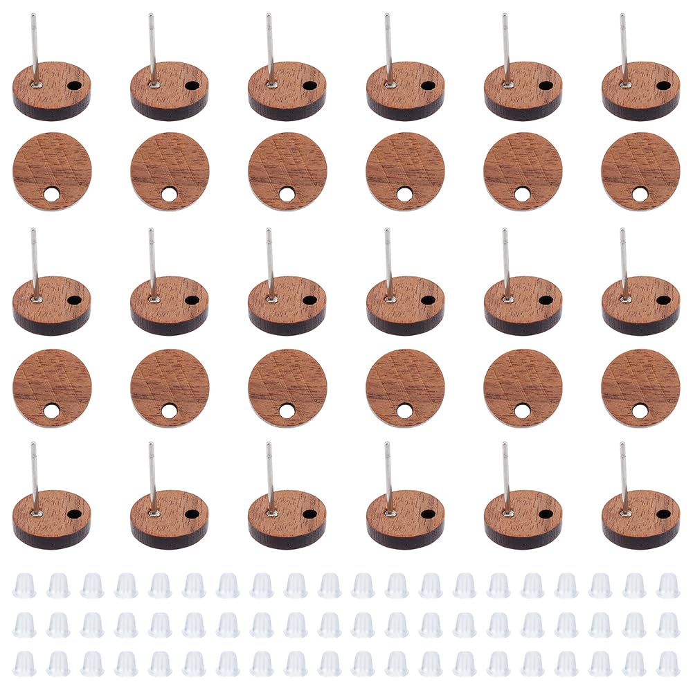 HOBBIESAY 30Pcs Walnut Wood Earring Studs with 304 Stainless Steel Pin and 60Pcs Plastic Ear Nuts Flat Round Earring Posts Natural Wooden Findings for DIY Earring Jewellery Making, Hole: 2mm